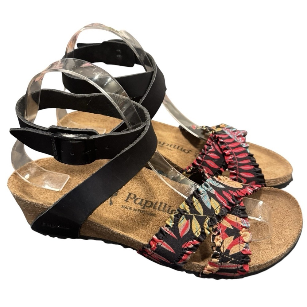 Papillio by Birkenstock Lola Wedge Sandal Size 37 Floral Ankle Strap Leather NEW